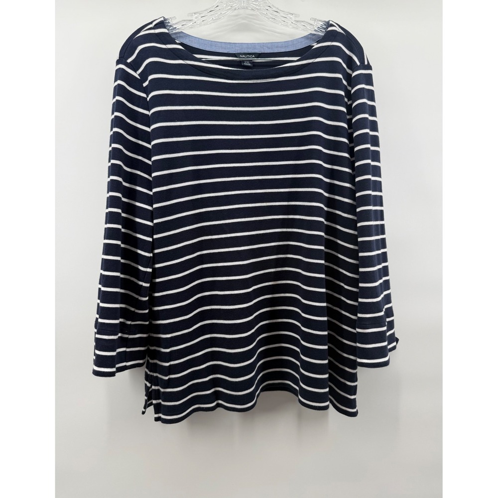 Nautica Womens XXL Navy Blue White Striped Cotton Knit Top Coastal Preppy